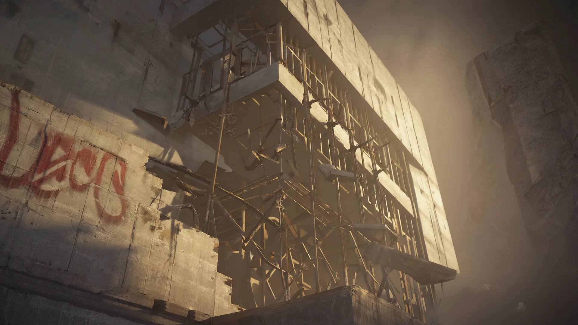 Ruined concrete structure with graffiti and exposed scaffolding