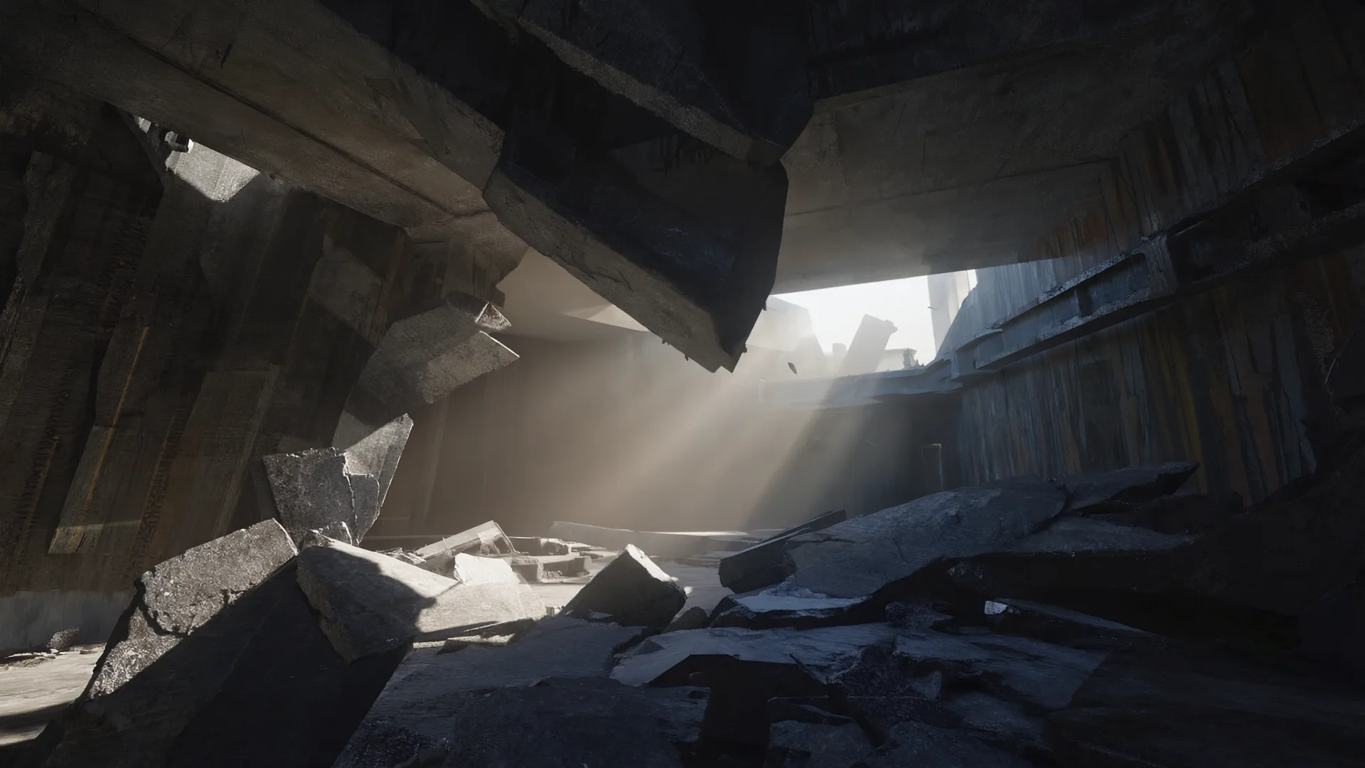 Collapsed concrete slabs with light falling through the debris