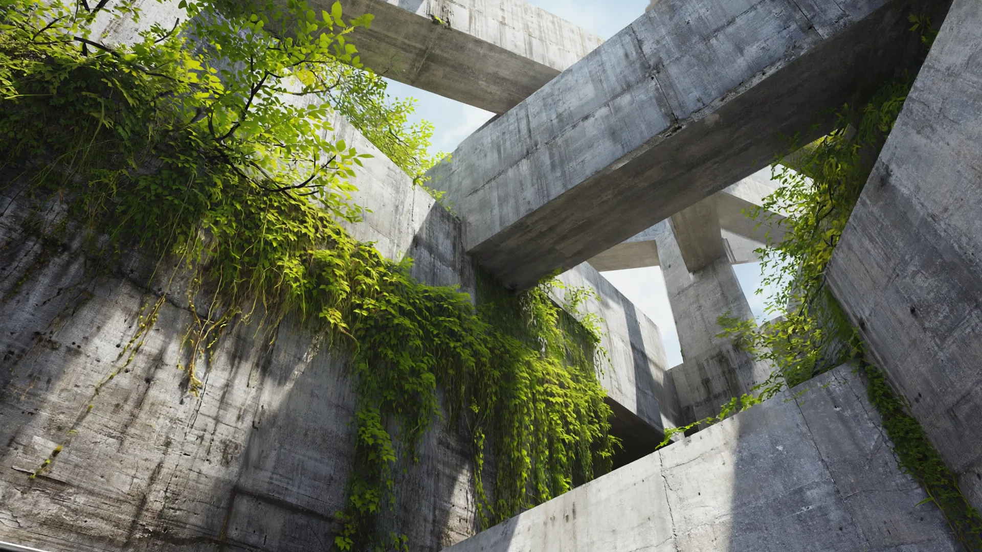 Concrete beams overtaken by climbing greenery