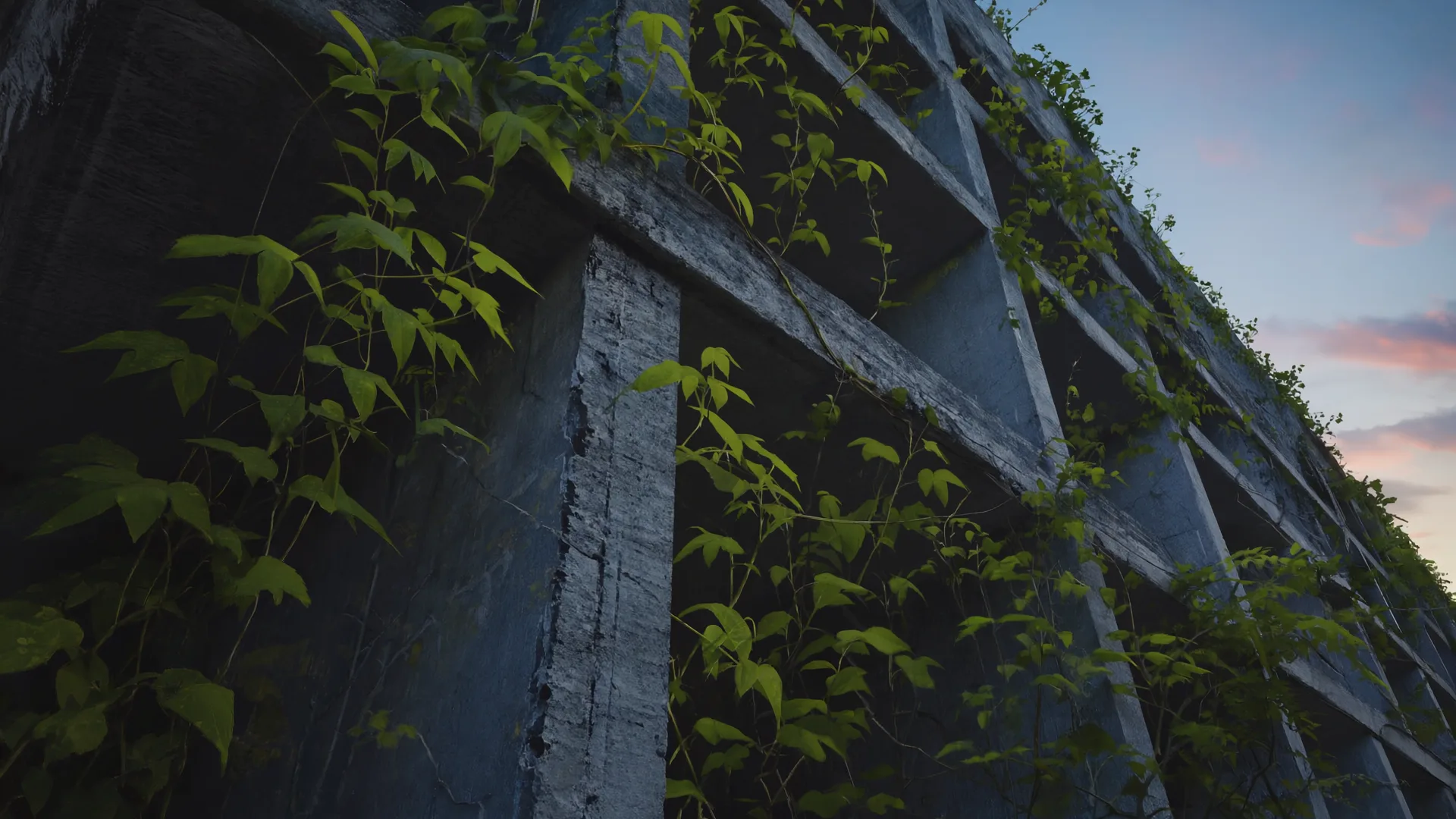 Concrete facade covered in climbing plants at dusk