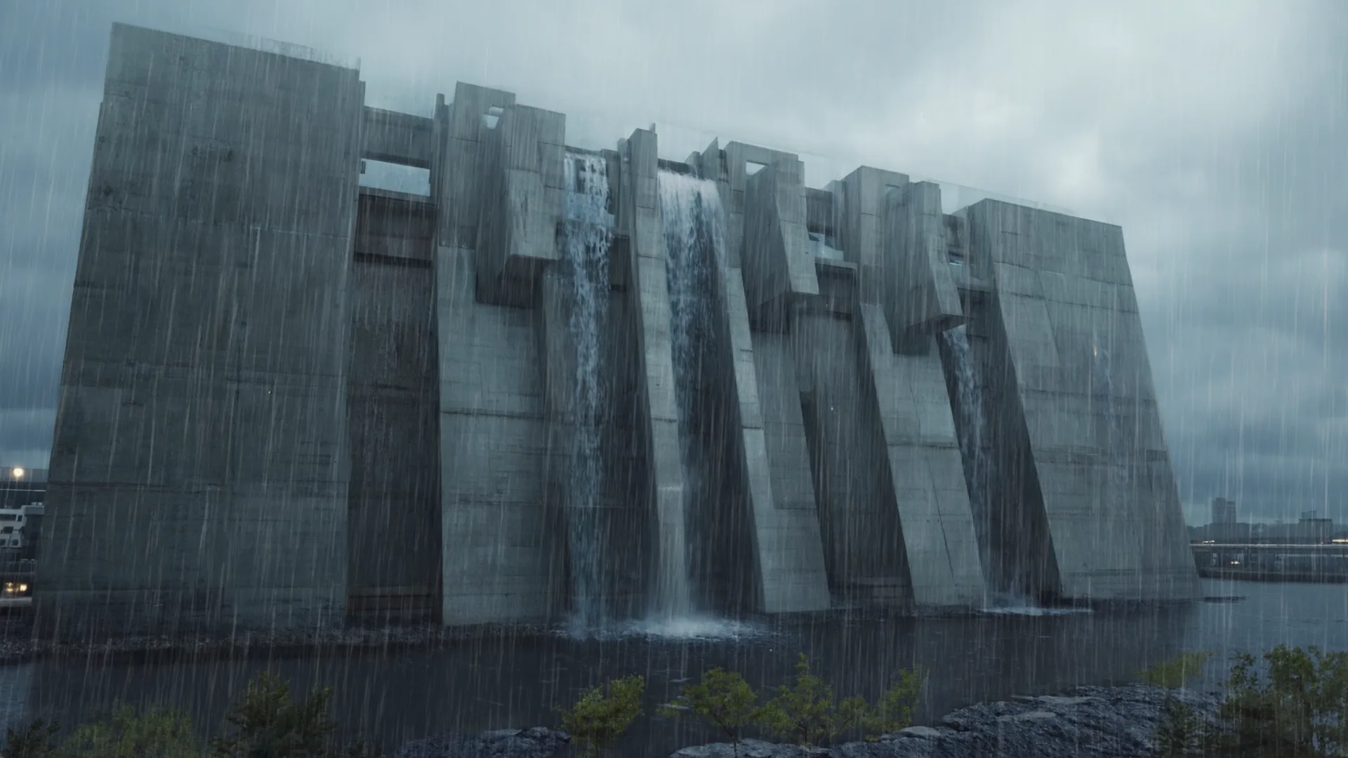 Monolithic concrete facade with water cascading down it in the rain