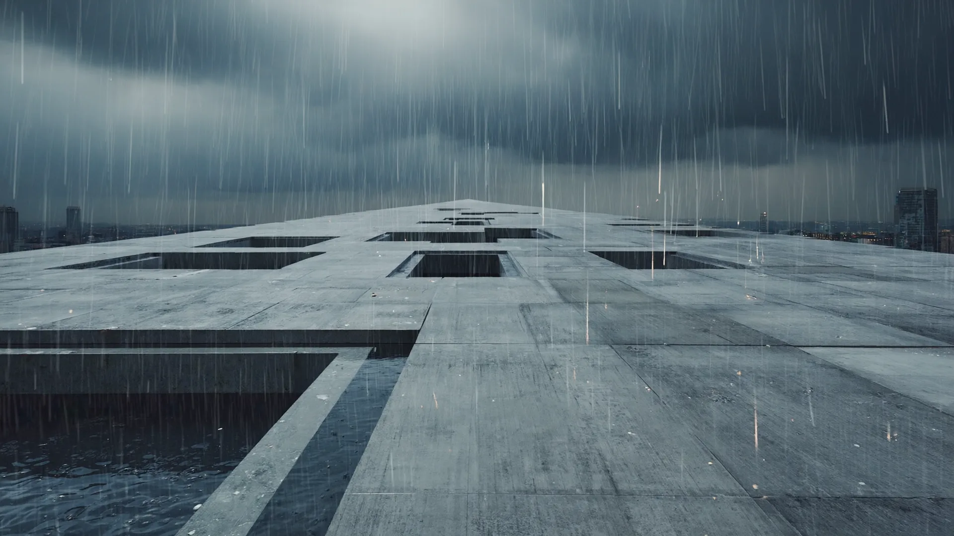 Rain sweeping across a concrete rooftop plaza with a city skyline behind