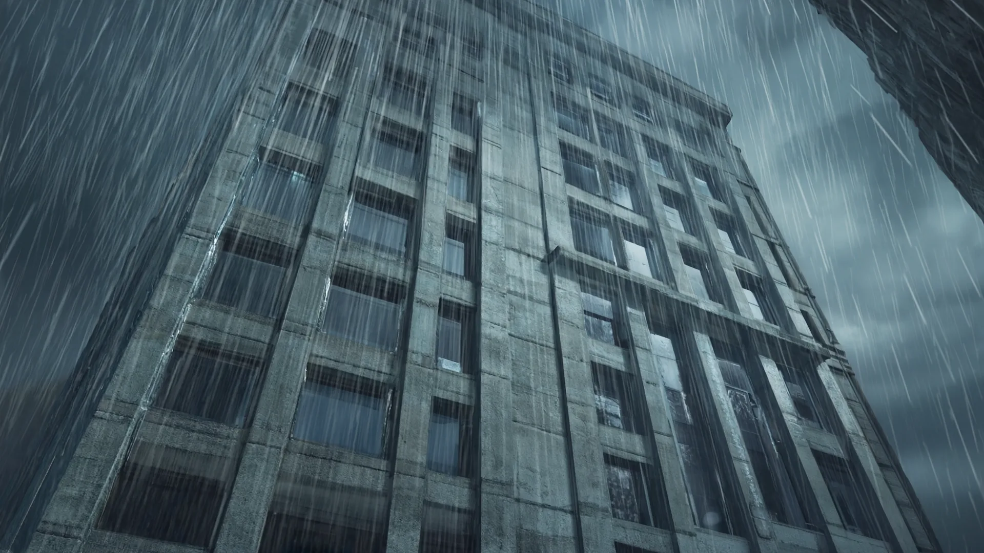 Concrete tower seen from below in heavy rain