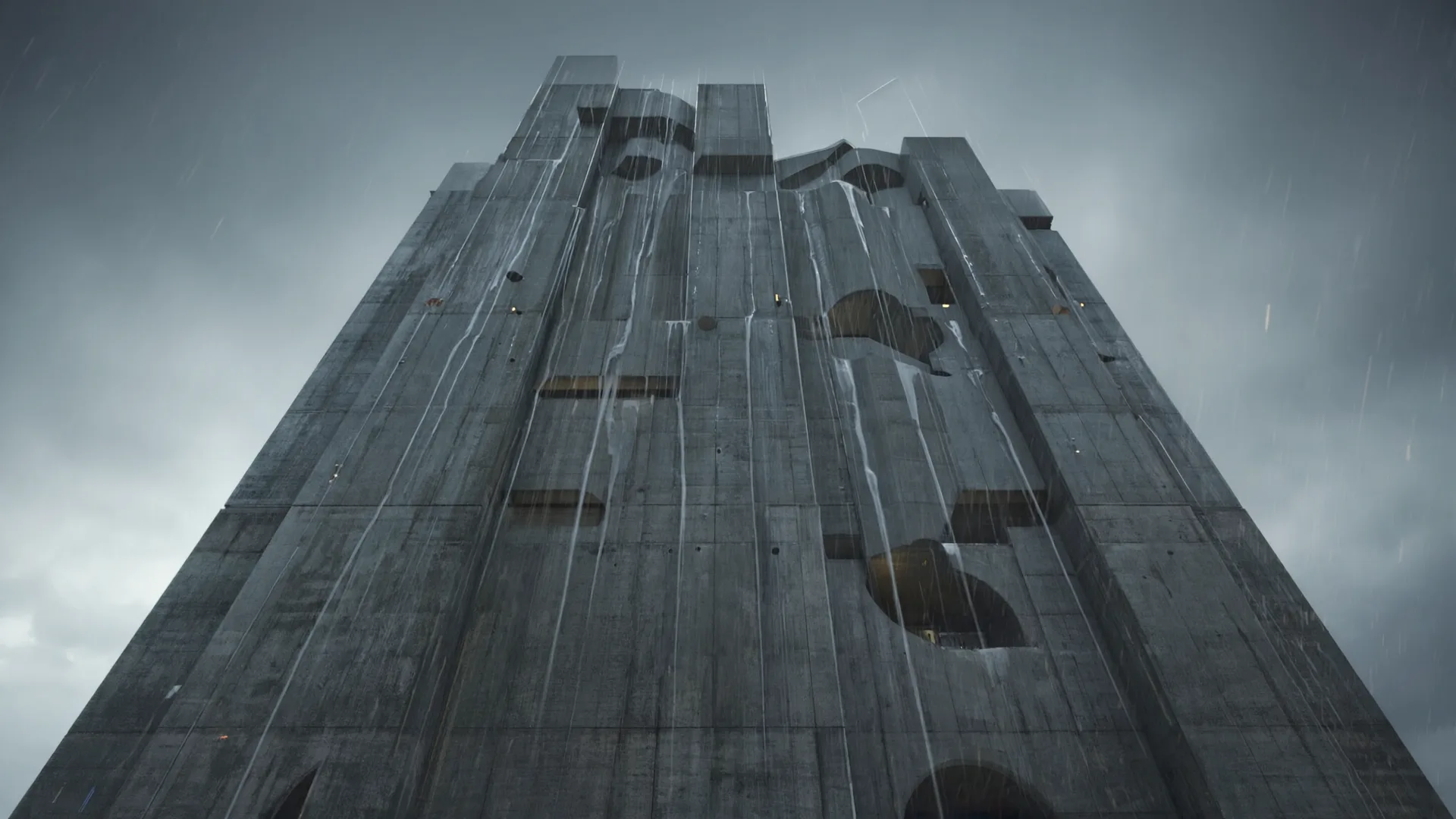 Looking up a concrete tower with protruding blocks under a grey sky