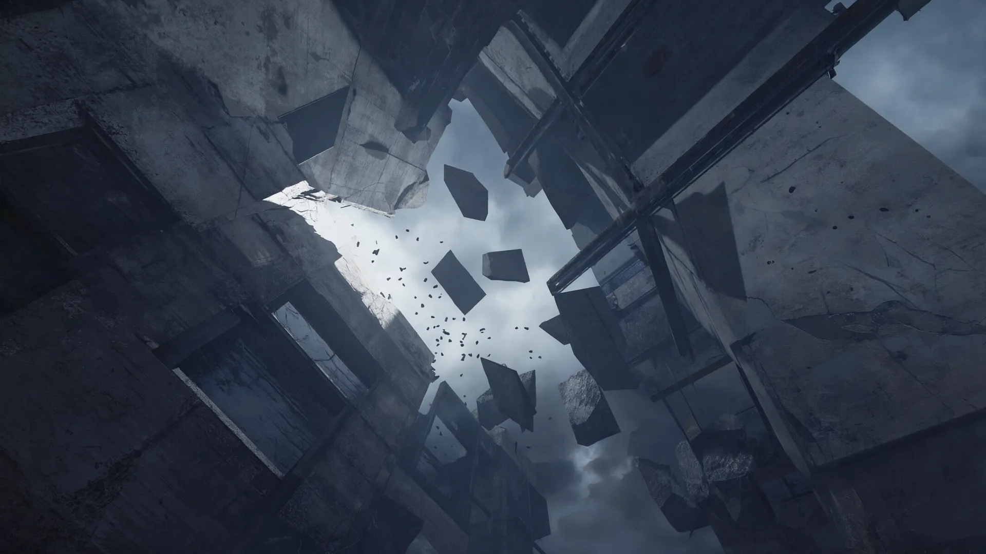 Fragments of concrete suspended in cold blue darkness