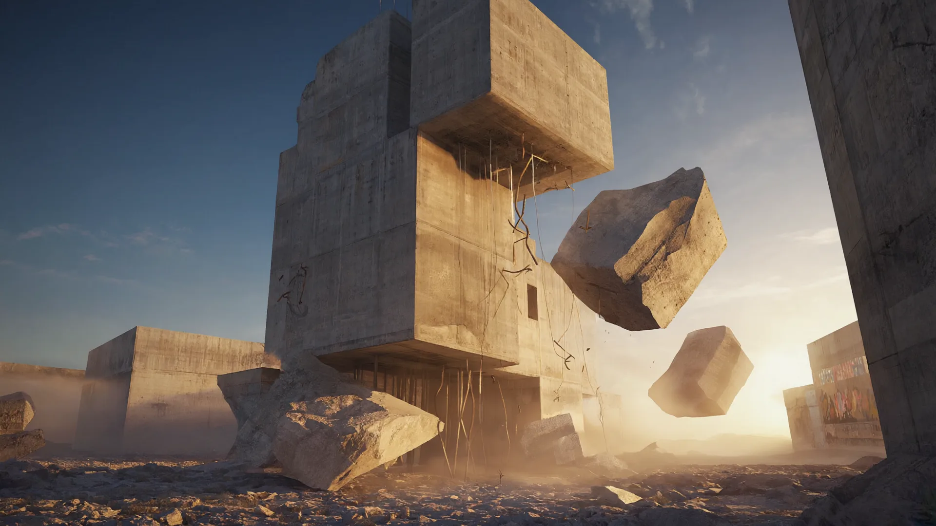 Concrete blocks breaking apart and lifting into golden light