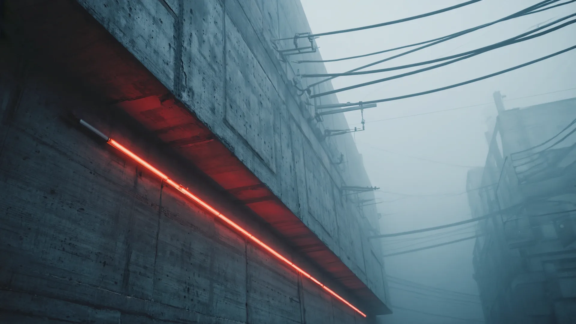 Concrete corridor in fog cut by a red neon line