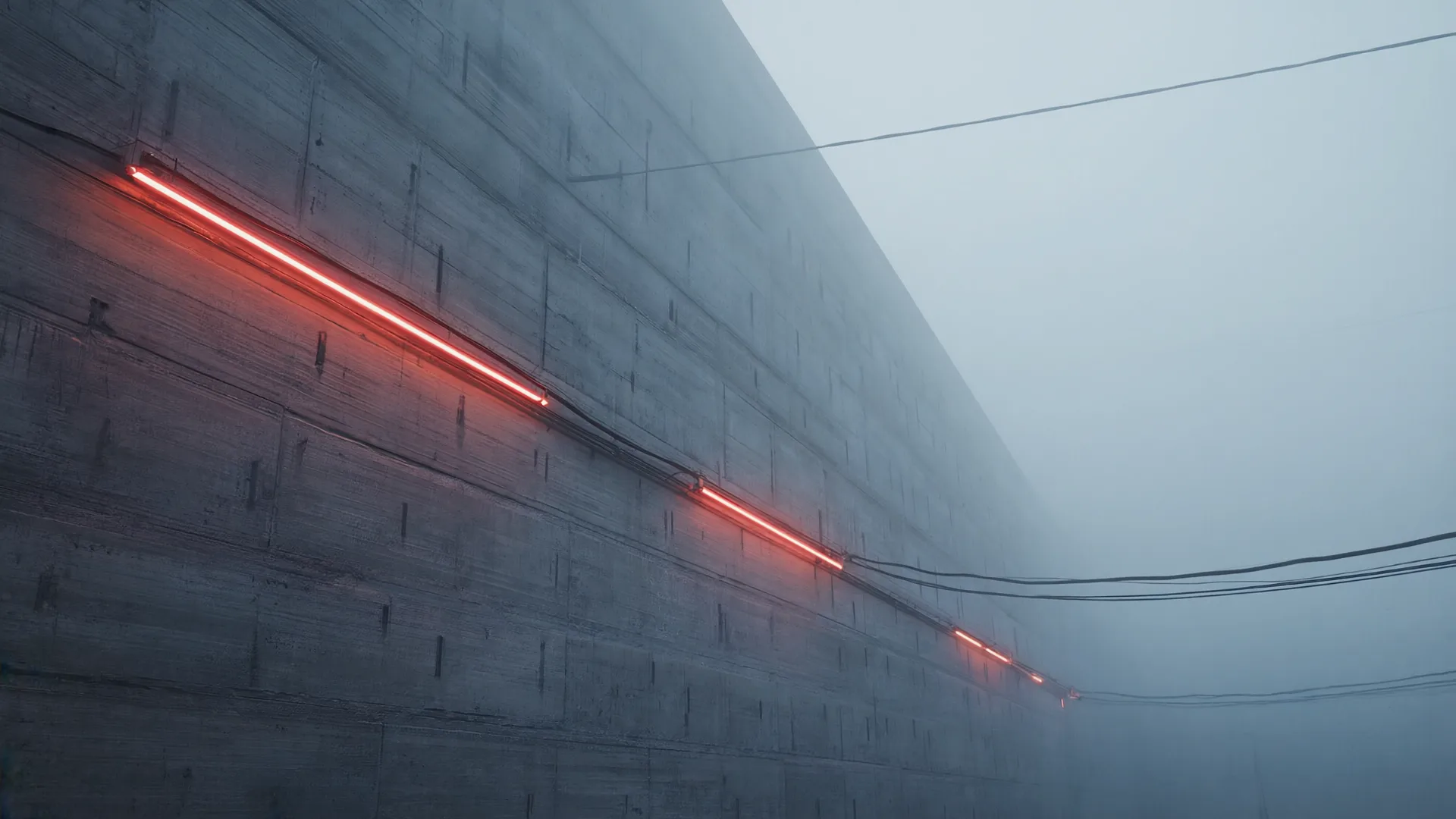 Concrete wall in fog traced by red neon lines