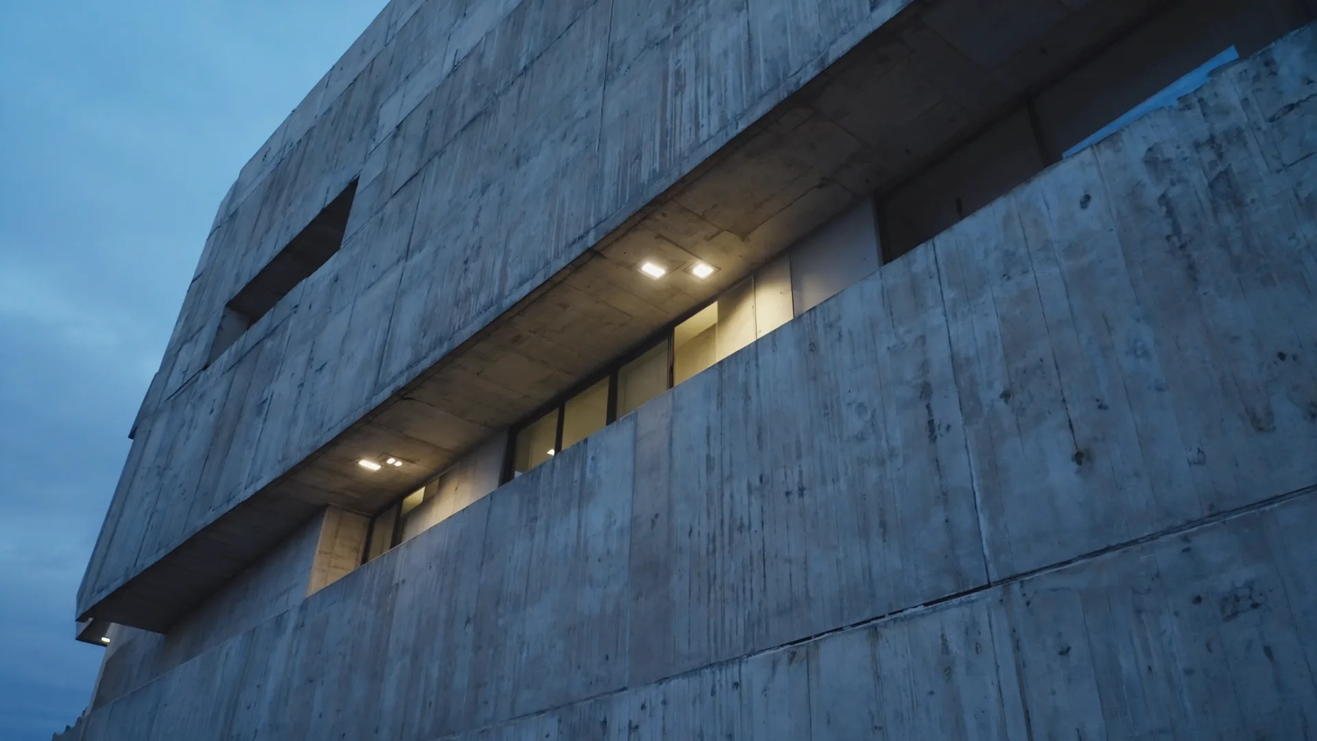 Corner of a concrete building with lit windows under a blue sky