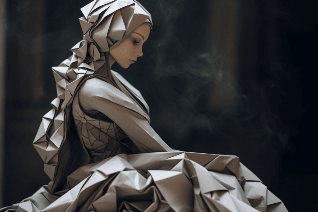 Origami paper sculpture of a woman in a folded gown, seen in profile against a dark backdrop