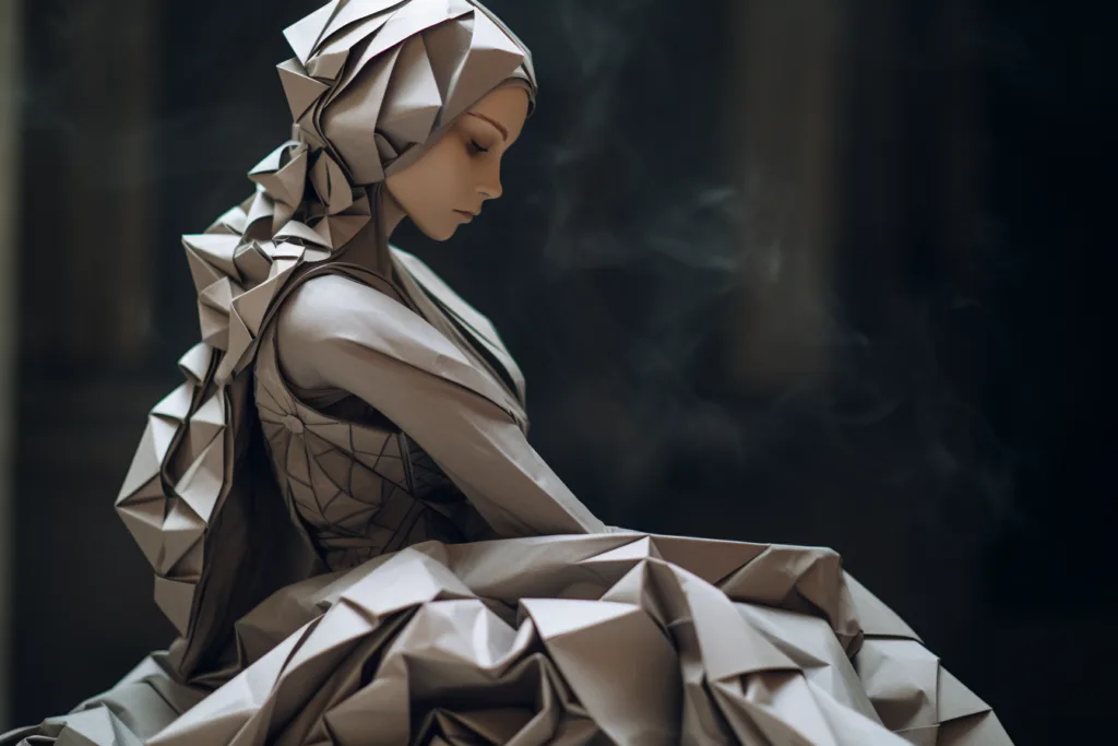 Origami paper sculpture of a woman in a folded gown, seen in profile against a dark backdrop