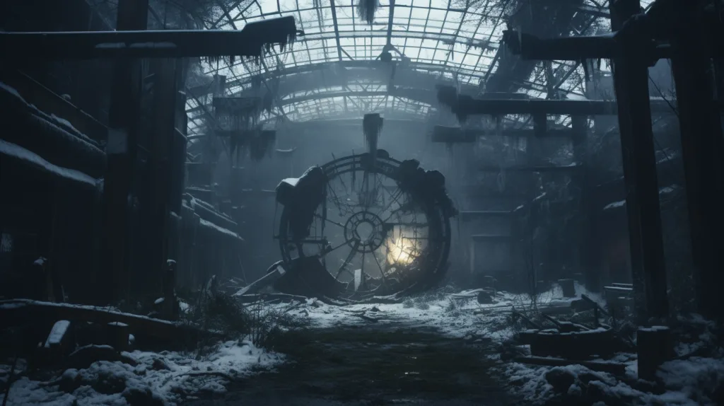 Ruined glasshouse interior filled with snow and debris