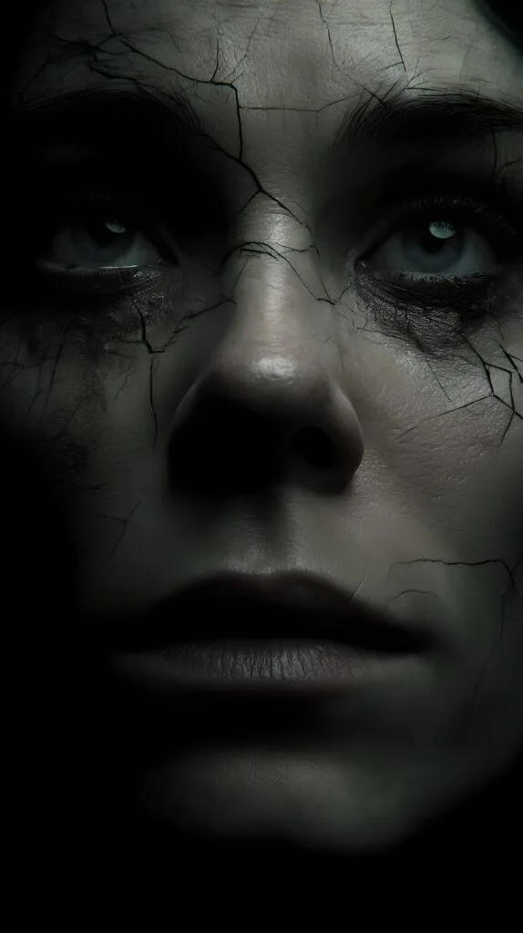 Close-up portrait of a woman with cracked, weathered skin staring straight into the camera in low light