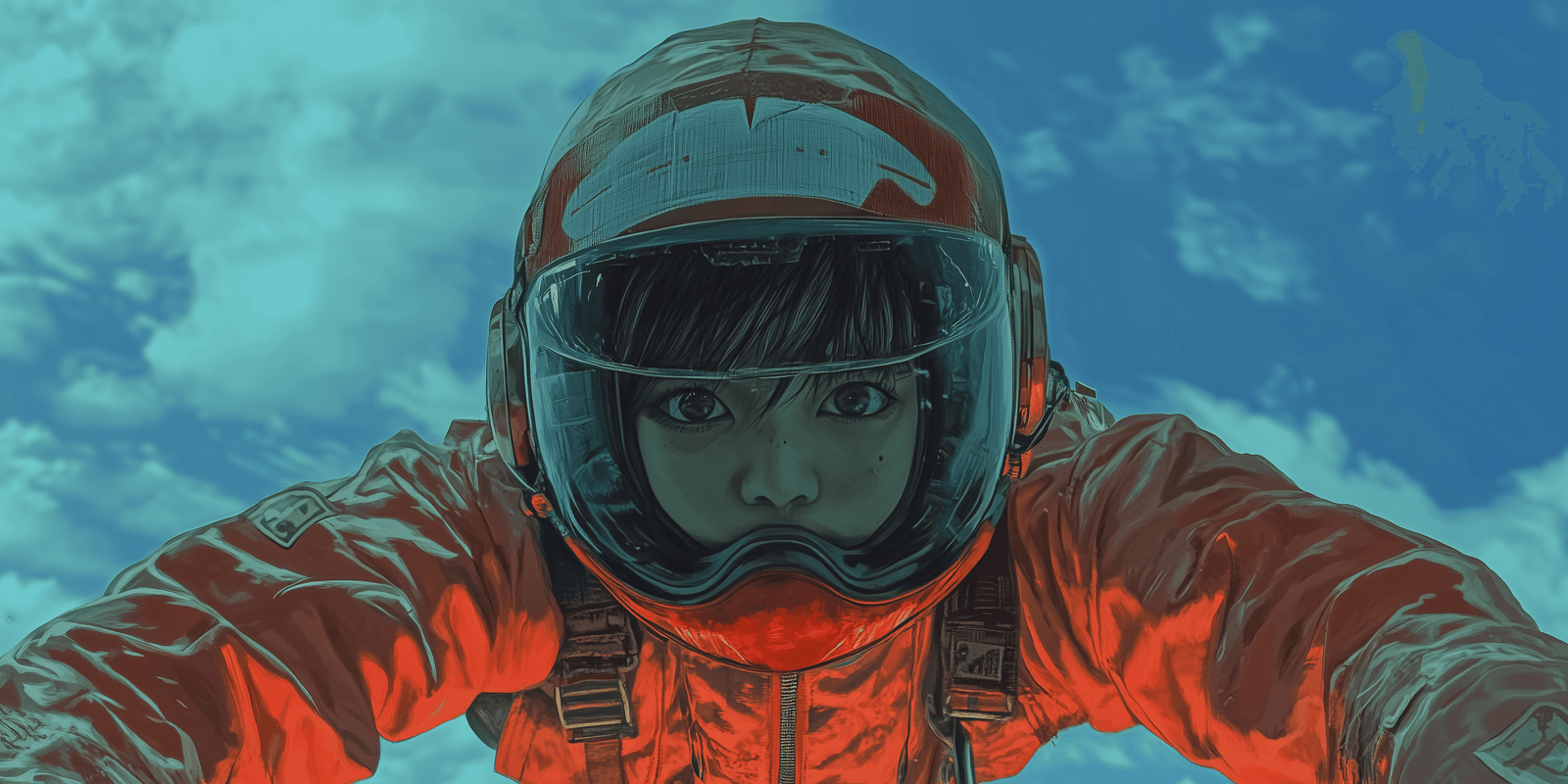 Rider in an orange jacket and visor helmet against a cloudy sky