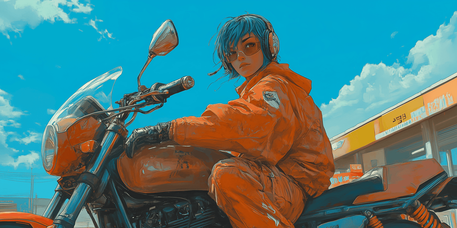 Rider in orange leathers on a motorcycle in a sunlit street