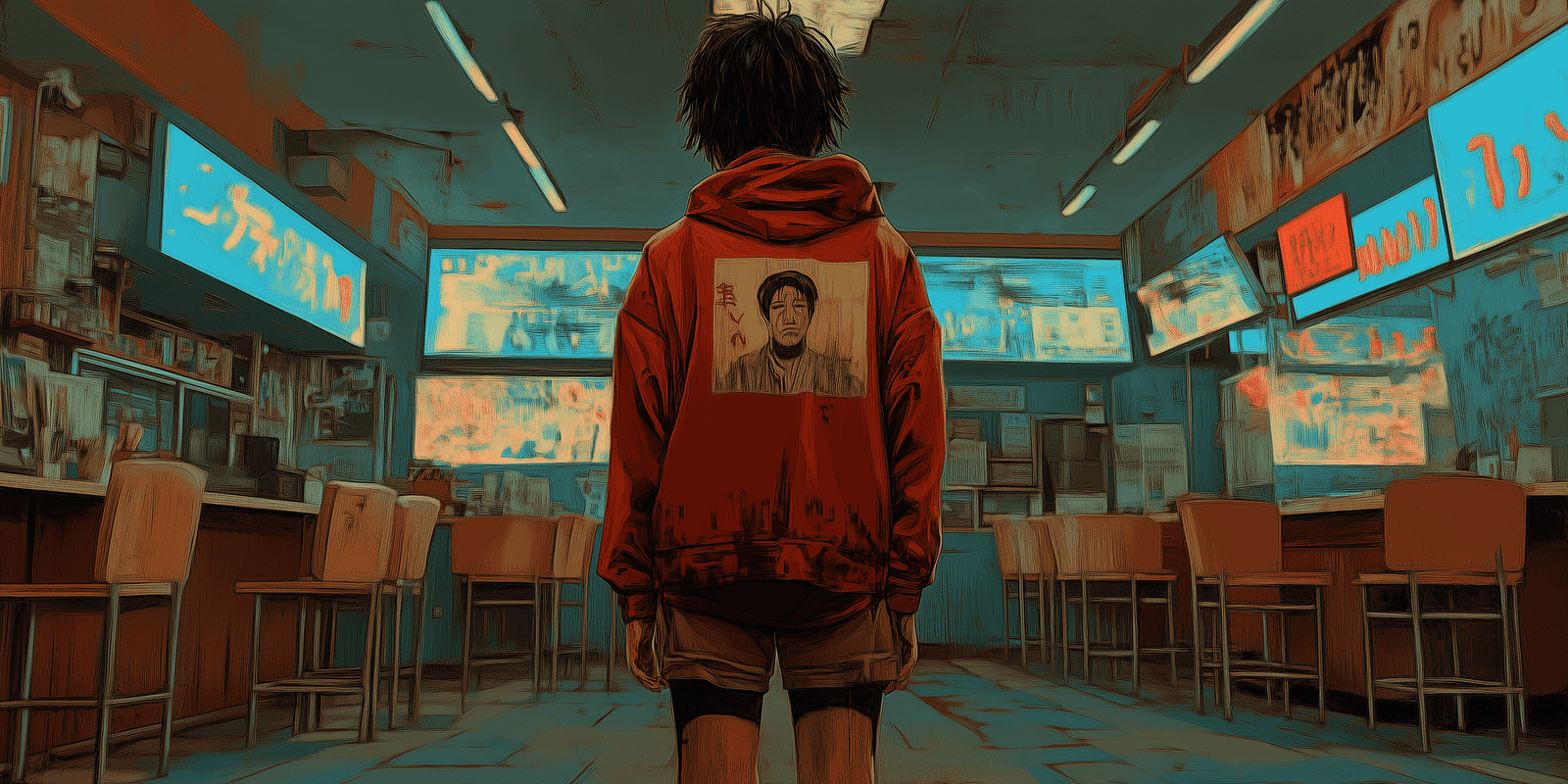 Person in a red hooded jacket standing in a classroom lined with screens, seen from behind