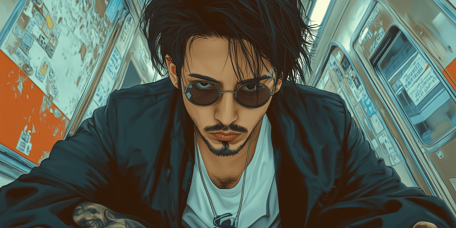 Close-up of a man in sunglasses leaning forward, dramatic anime framing