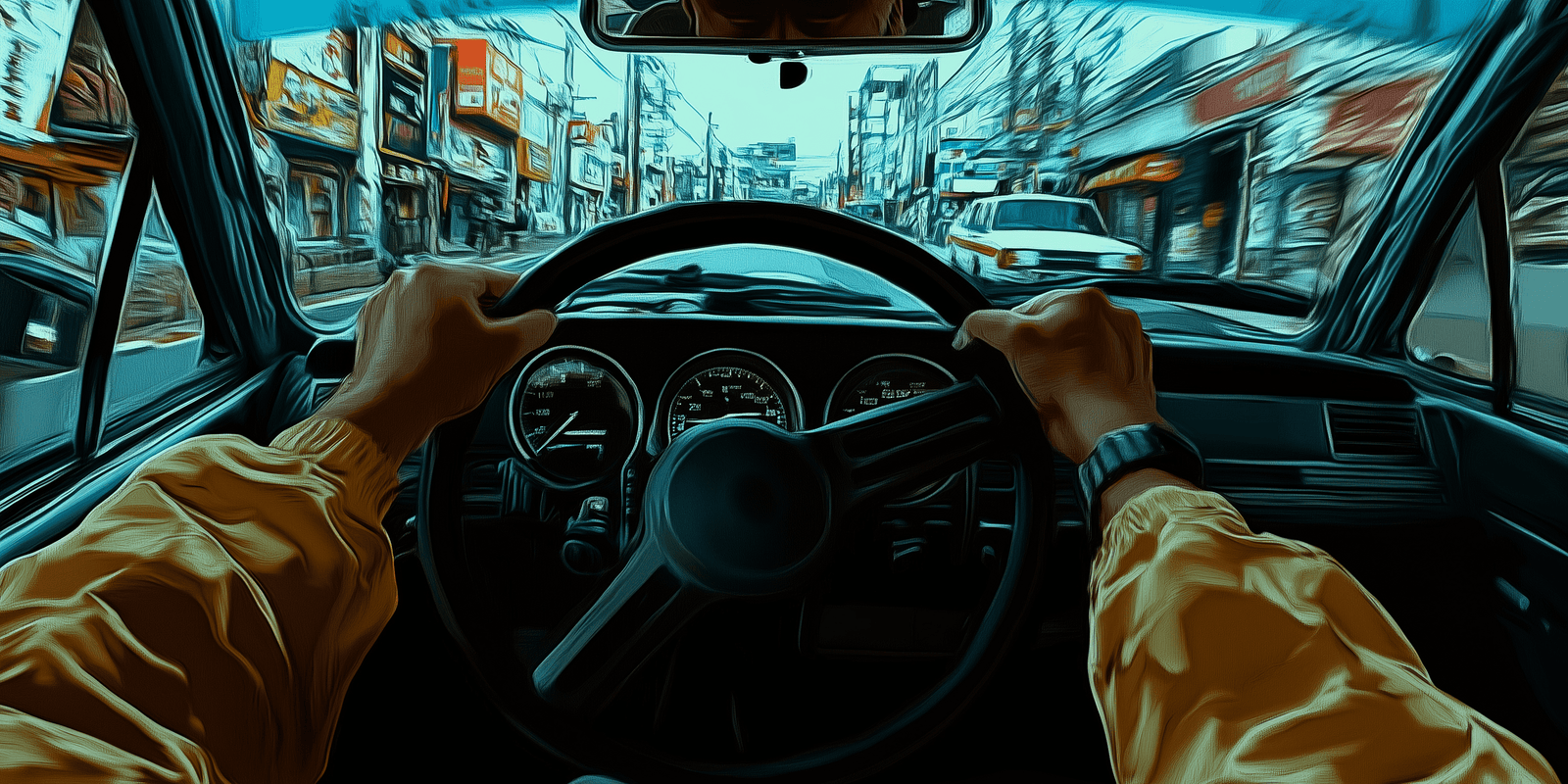 First-person view from behind a car steering wheel on a Japanese street