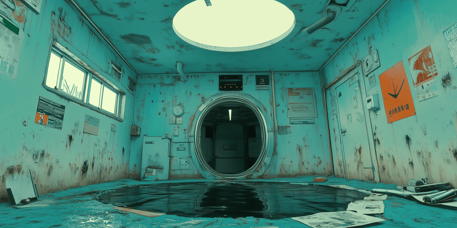 Abandoned tiled pool room with peeling walls in cold green light