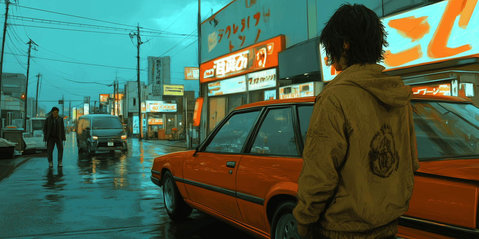 Figure in a hooded jacket beside an orange car outside a neon-lit storefront at night