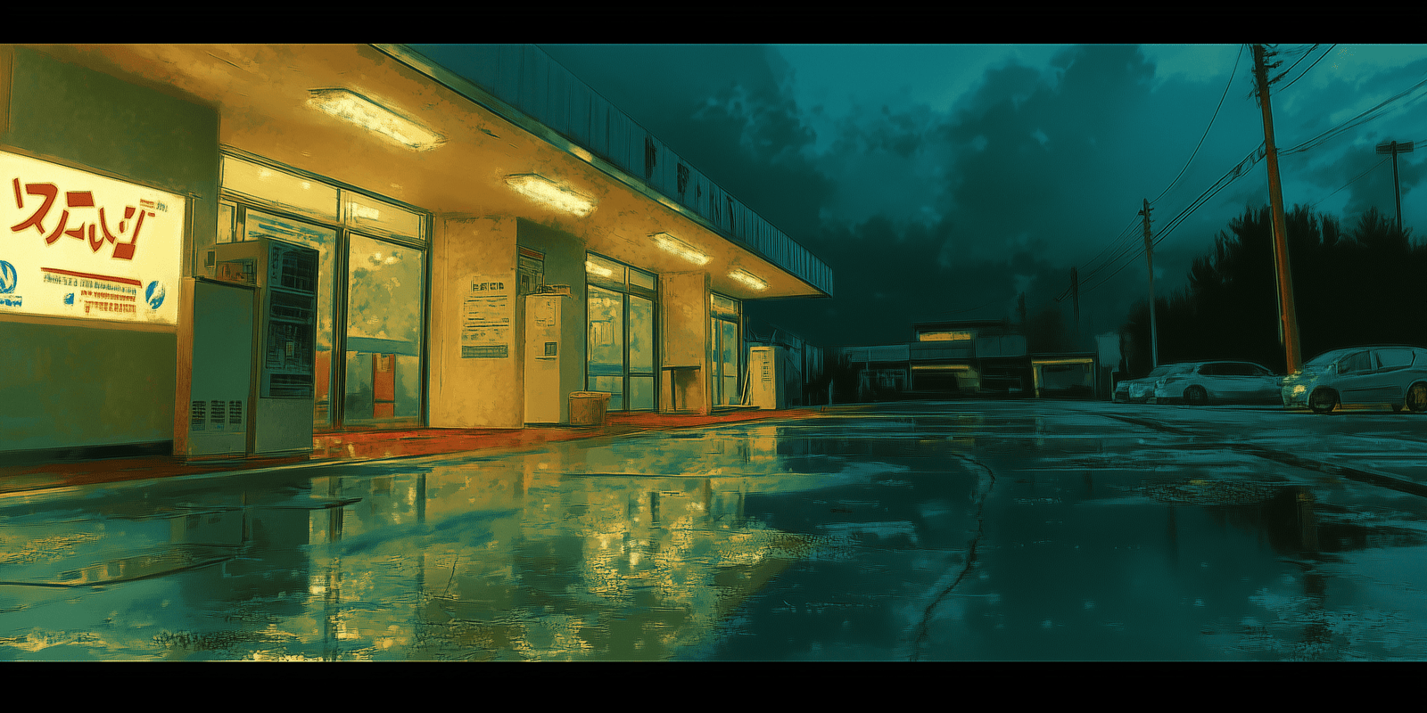 Empty lit convenience store at night reflected in a rain-soaked parking lot