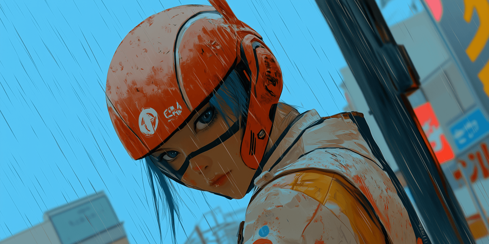 Rider in an orange helmet in the rain with neon signs blurred behind