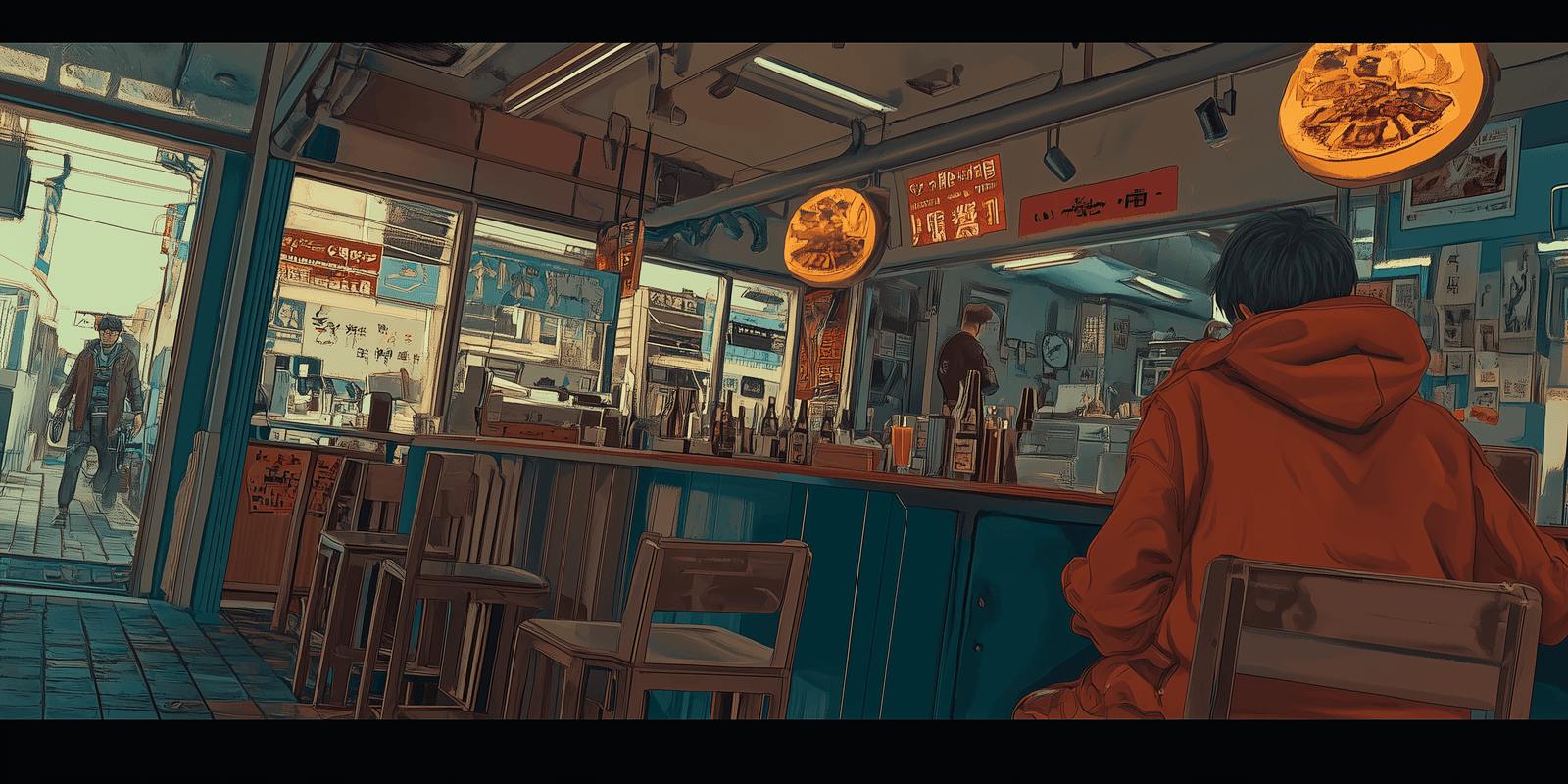Person in a red hoodie seen from behind in an empty Japanese diner