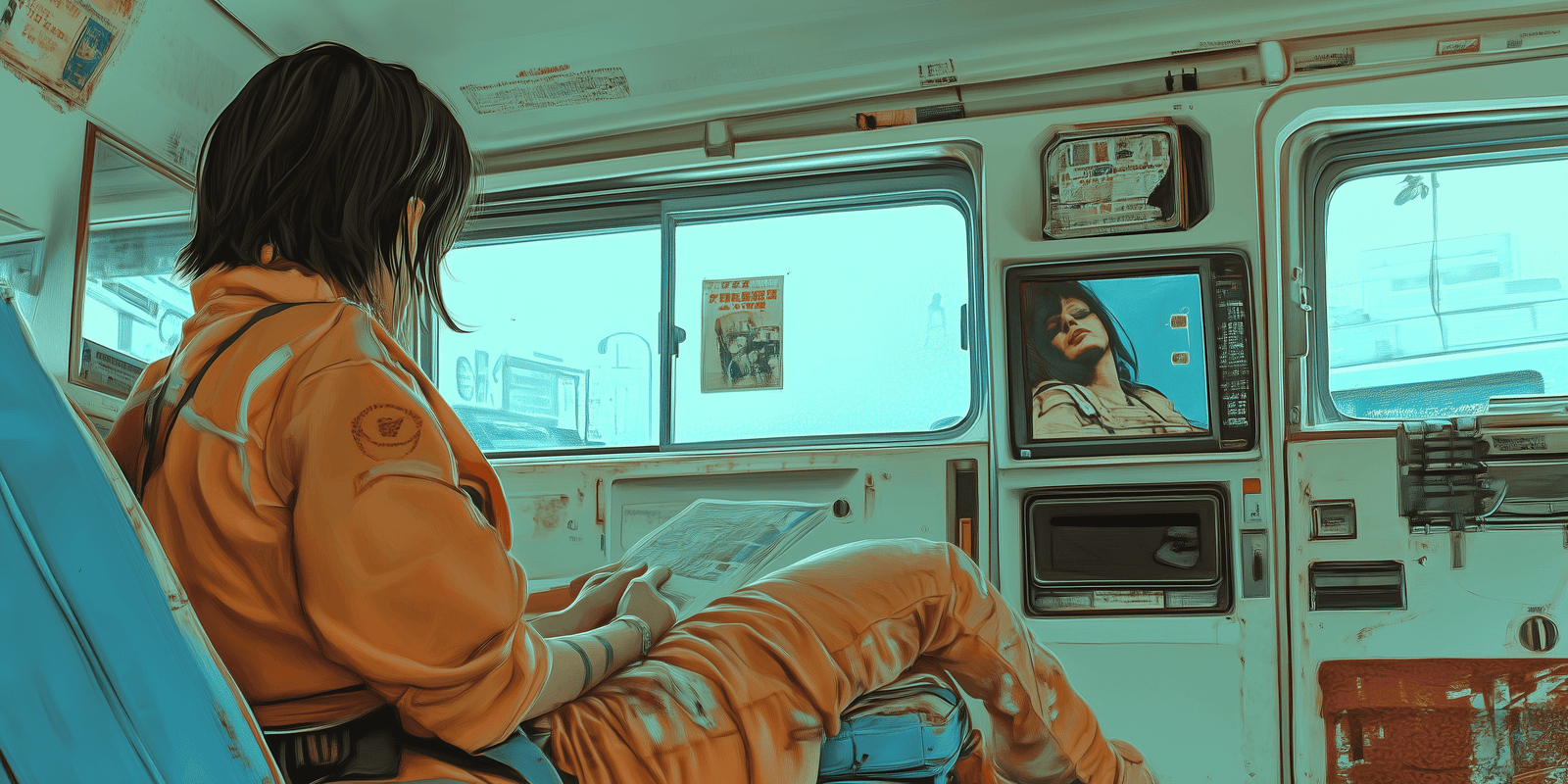 Two figures in orange jackets inside a train carriage, anime-style frame