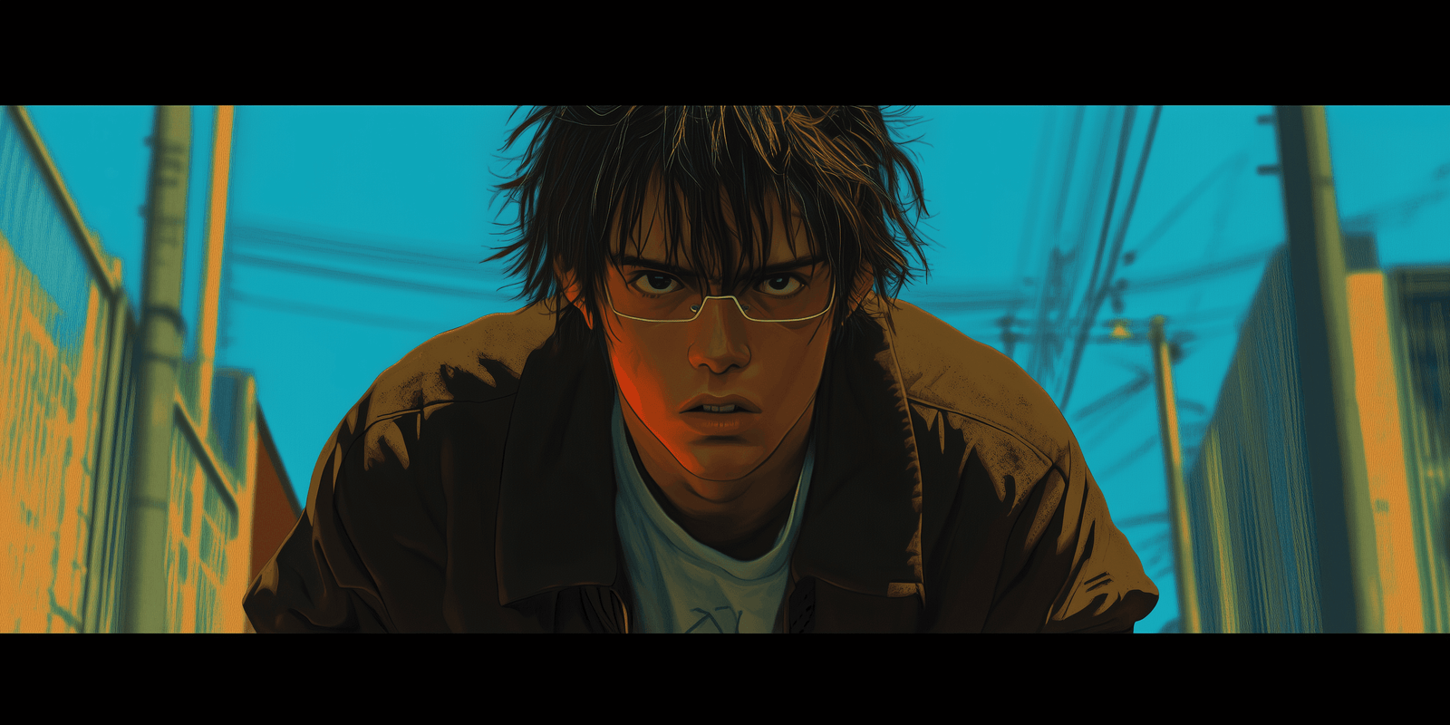 Young man in a jacket looking upward against power lines and a teal sky