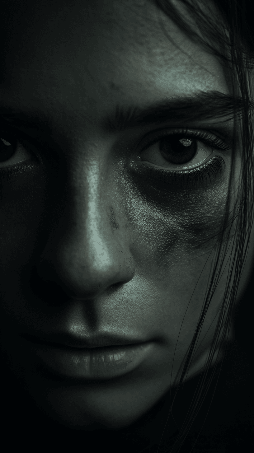 Woman with wet hair and smudged dark makeup emerging from shadow
