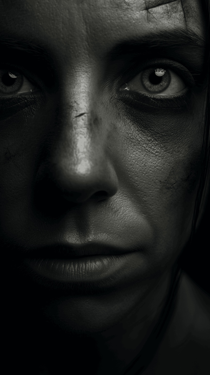 Half-lit portrait of a woman with a scarred face holding the viewer's gaze