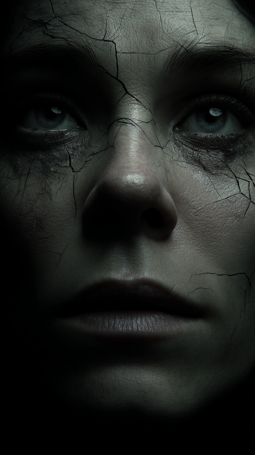 Portrait of a woman with cracked skin and haunted eyes, lit from the side in deep shadow