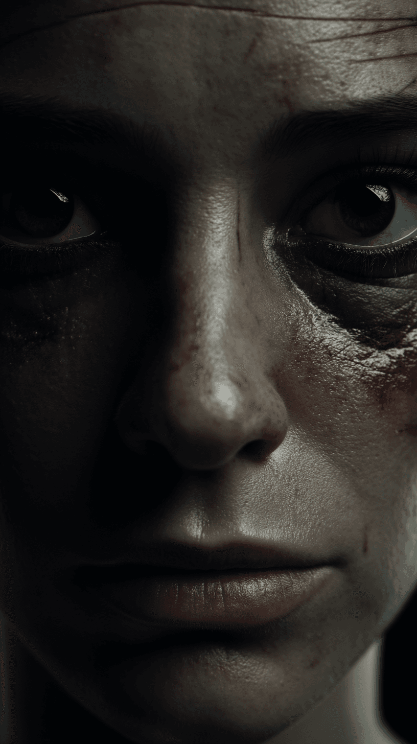 Close-up of a woman's bruised face with dark tears streaked down her cheeks