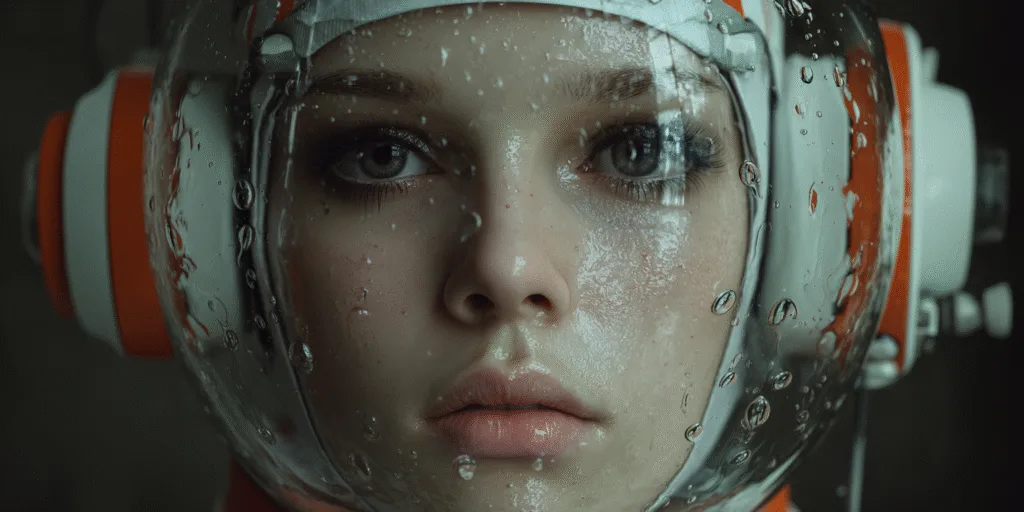 Close-up of a woman's face behind the water-beaded visor of a white and orange space helmet