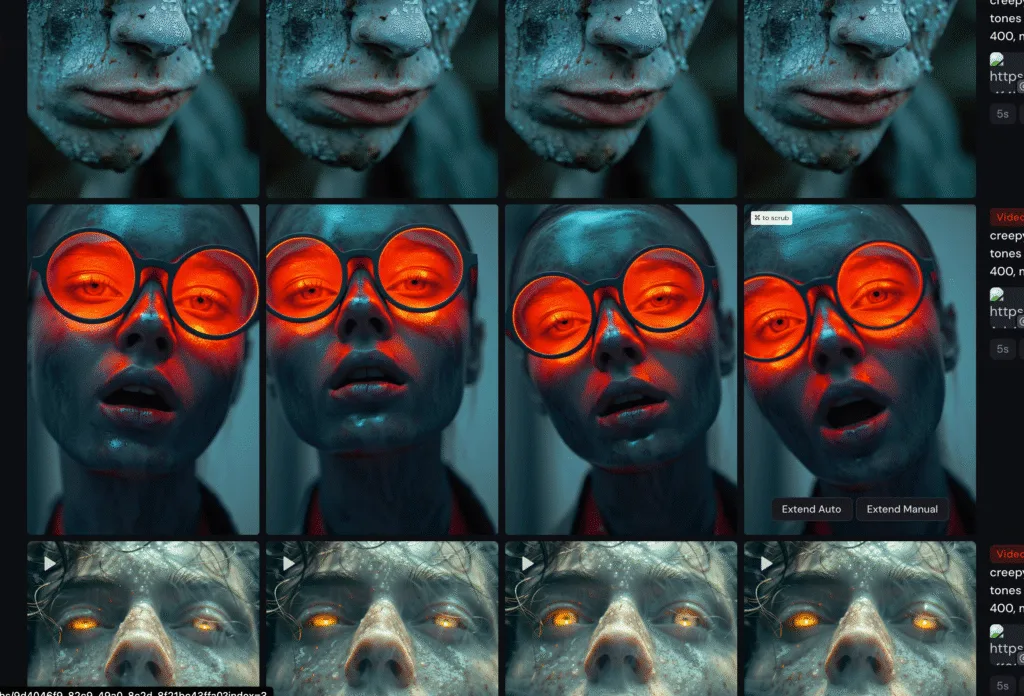 MidJourney video model interface showing a grid of animated variations generated from a single still portrait
